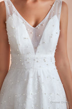 Beading Pearls Lace Floor Length Straps V Back Backless White A Line Wedding Dresses