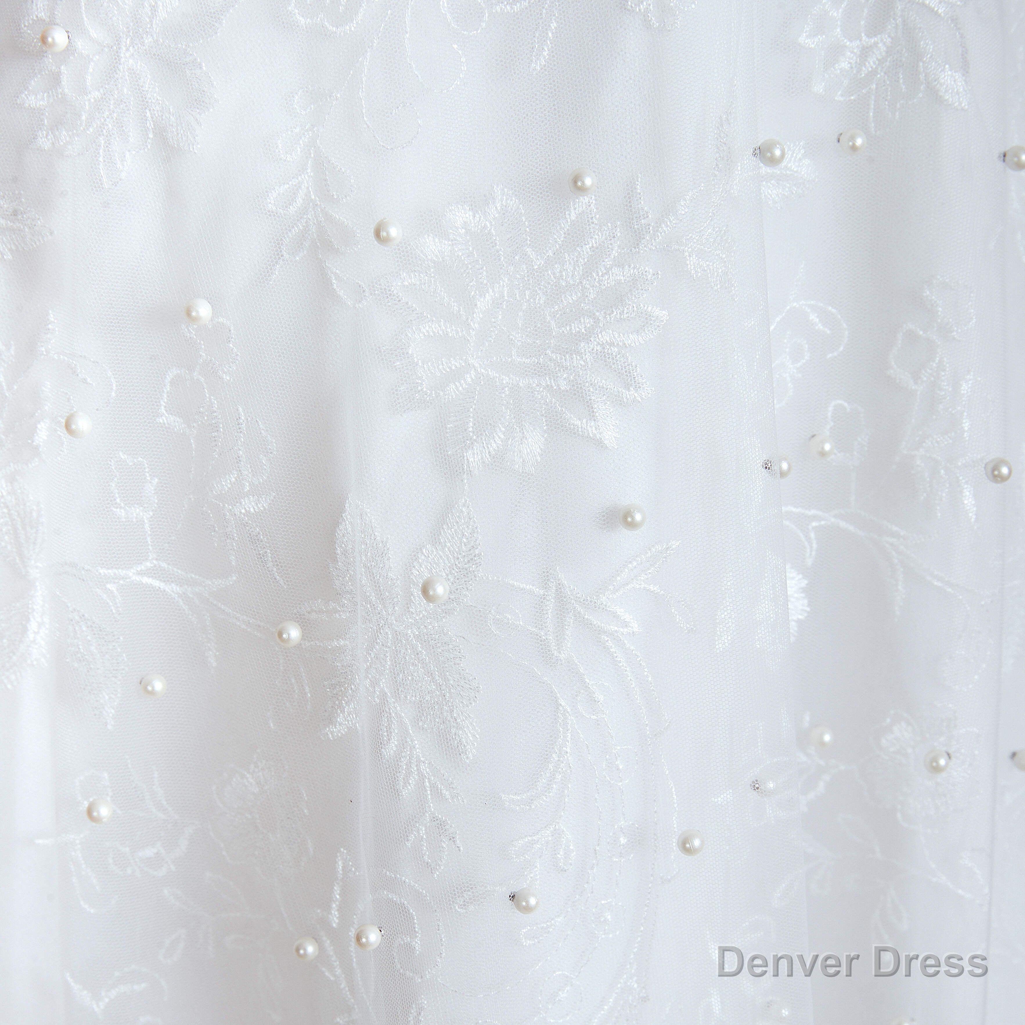 Beading Pearls Lace Floor Length Straps V Back Backless White A Line Wedding Dresses