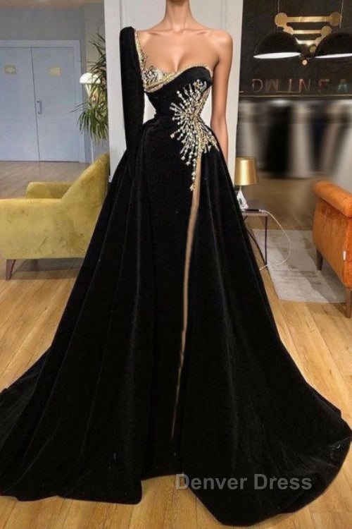 Beading Sweetheart A-line Black Prom Dresses With One Sleeve Main image
