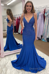 beading v neck mermaid prom dress