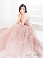 Bean Pink Tulle Long Prom Dress, A Line Tulle Formal Evening Dress