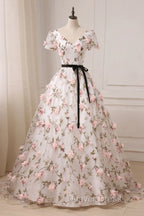 Beauitufl Floral V Neck Lace Short Sleeve Flowers Long Prom Dress Floral Prom Dress shops