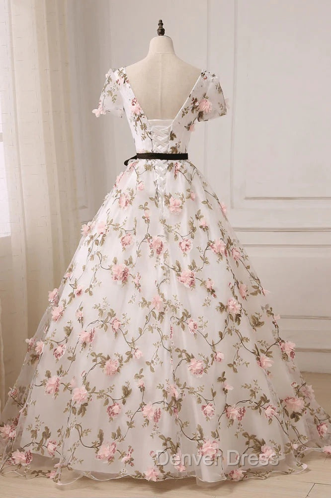 Beauitufl Floral V Neck Lace Short Sleeve Flowers Long Prom Dress Floral Prom Dress shops