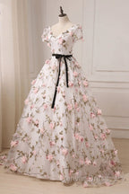 Beauitufl Floral V Neck Lace Short Sleeve Flowers Long Prom Dress Floral Prom Dress shops