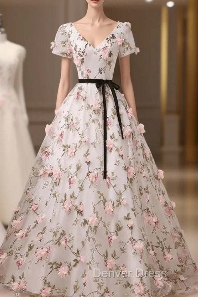 Beauitufl Floral V Neck Lace Short Sleeve Flowers Long Prom Dress Floral Prom Dress shops