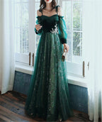 Beautful Dark Green Tulle Stunning Sequin Bridal Dress, Spaghetti Strap Prom Dress Wedding Prom Dresses