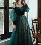 Beautful Dark Green Tulle Stunning Sequin Bridal Dress, Spaghetti Strap Prom Dress Wedding Prom Dresses