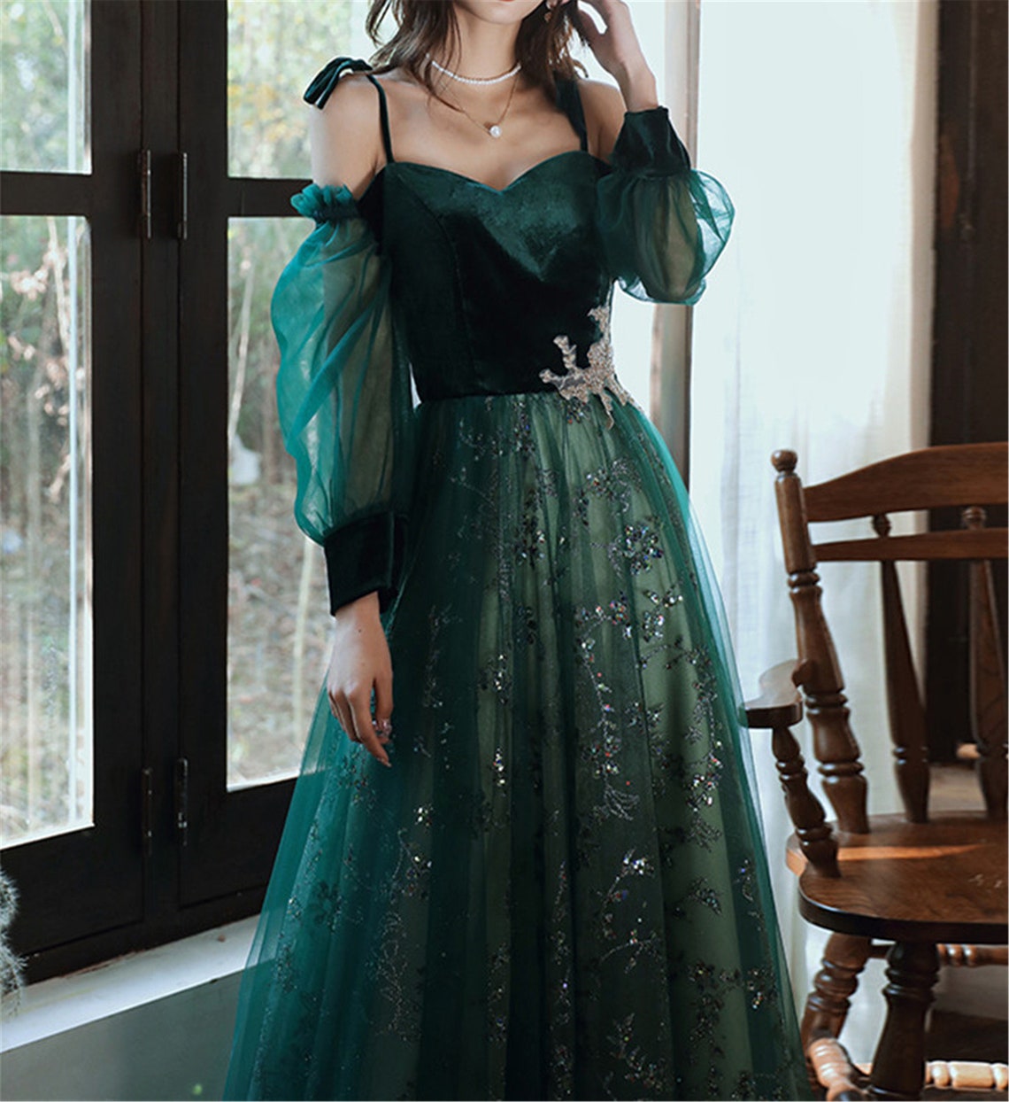 Beautful Dark Green Tulle Stunning Sequin Bridal Dress, Spaghetti Strap Prom Dress Wedding Prom Dresses