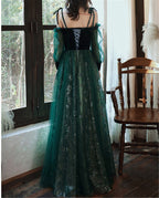Beautful Dark Green Tulle Stunning Sequin Bridal Dress, Spaghetti Strap Prom Dress Wedding Prom Dresses