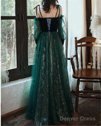Beautful Dark Green Tulle Stunning Sequin Bridal Dress, Spaghetti Strap Prom Dress Wedding Prom Dresses