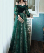 Beautful Dark Green Tulle Stunning Sequin Bridal Dress, Spaghetti Strap Prom Dress Wedding Prom Dresses
