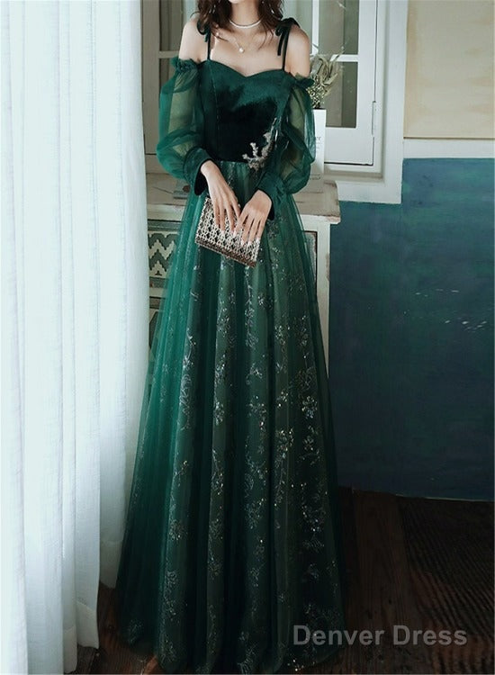Beautful Dark Green Tulle Stunning Sequin Bridal Dress, Spaghetti Strap Prom Dress Wedding Prom Dresses