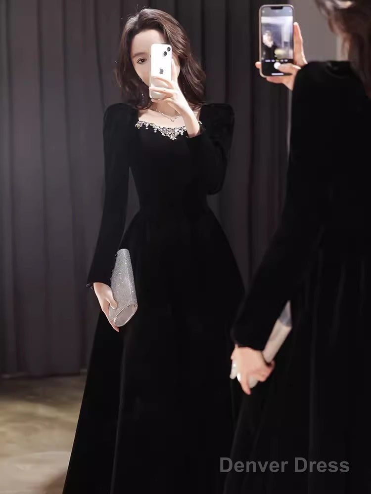 Beautiful A Line Long Sleeves Black Velvet Long Prom Dress Secondary image