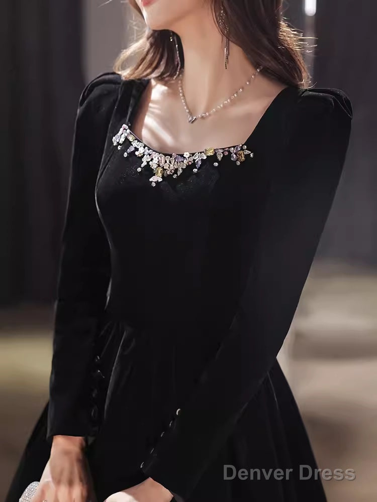 Beautiful A Line Long Sleeves Black Velvet Long Prom Dress