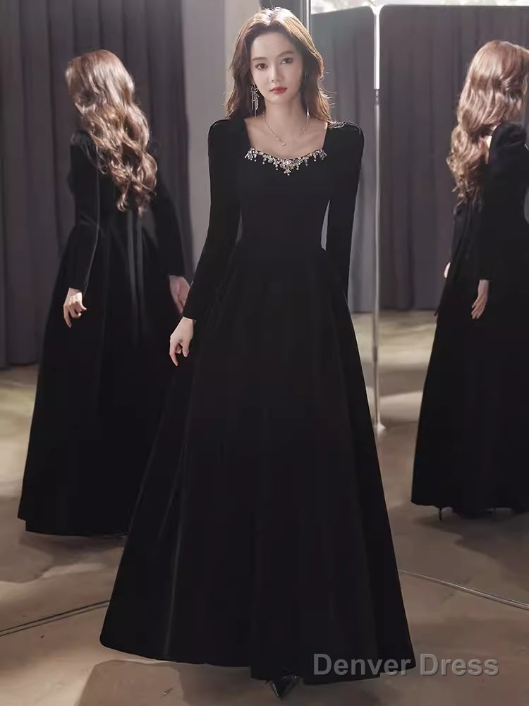 Beautiful A Line Long Sleeves Black Velvet Long Prom Dress