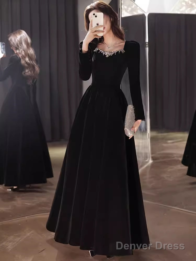 Beautiful A Line Long Sleeves Black Velvet Long Prom Dress Main image