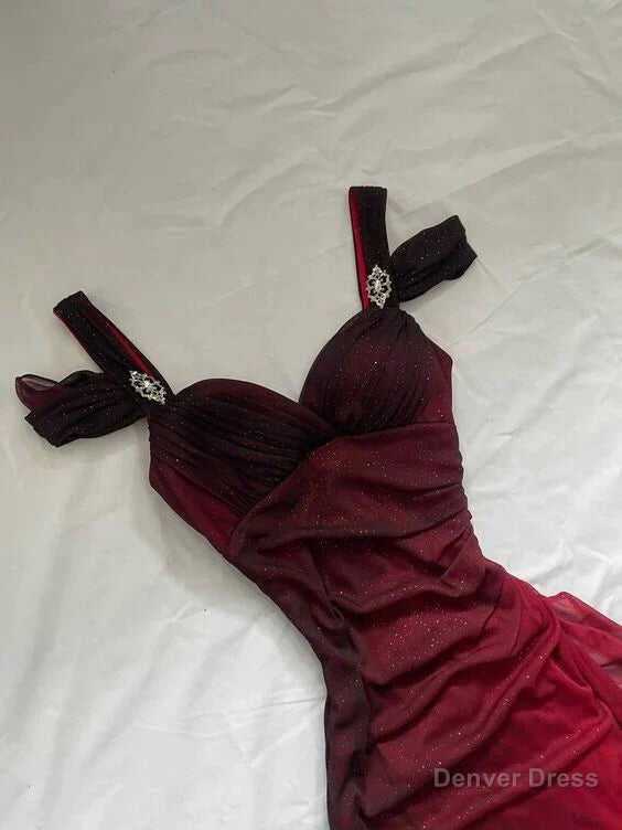 Beautiful A Line Straps Ombre Red Long Chiffon Prom Dresses