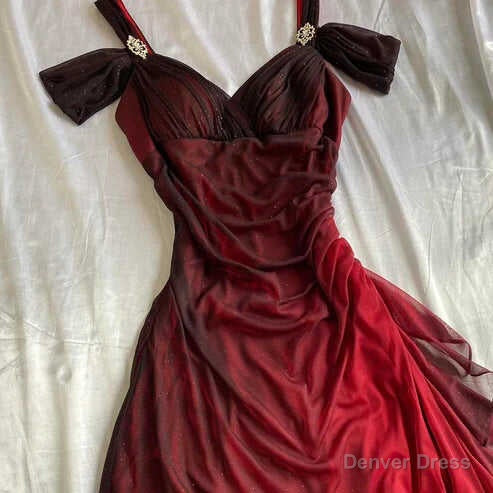 Beautiful A Line Straps Ombre Red Long Chiffon Prom Dresses