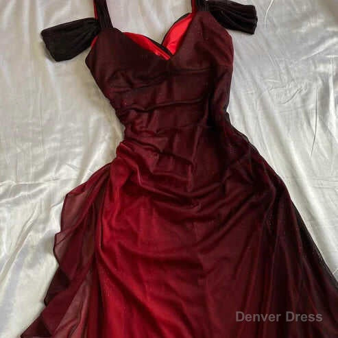 Beautiful A Line Straps Ombre Red Long Chiffon Prom Dresses