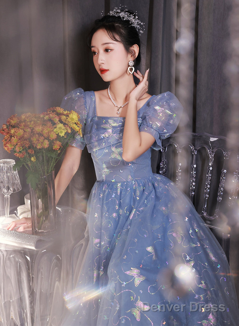 Beautiful A-Line Tulle Short Sleeves Formal Dress, Lovely Tulle Long Formal Dress Prom Dress Secondary image