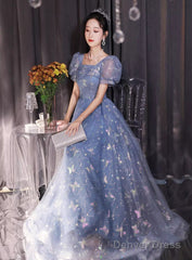 Beautiful A-Line Tulle Short Sleeves Formal Dress, Lovely Tulle Long Formal Dress Prom Dress
