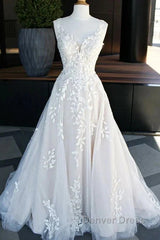 Beautiful A-Line V-Neck Floor Sweeping Skirt With Lace Wedding Dresses