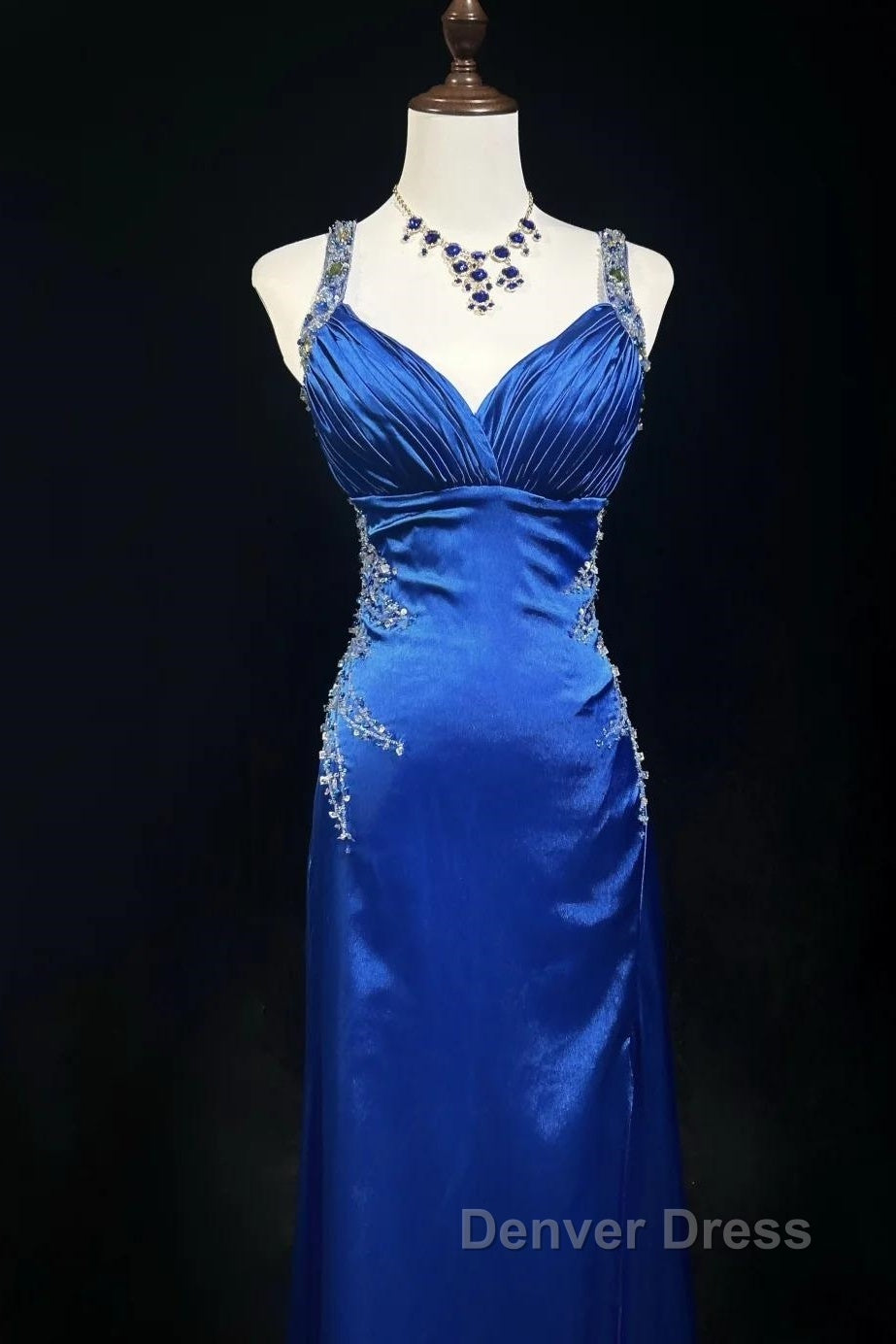 Beautiful Backless Beaded Satin Sheath Royal Blue Long Prom Dresses Formal Evening Gown Secondary image