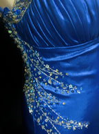 Beautiful Backless Beaded Satin Sheath Royal Blue Long Prom Dresses Formal Evening Gown