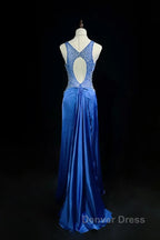 Beautiful Backless Beaded Satin Sheath Royal Blue Long Prom Dresses Formal Evening Gown
