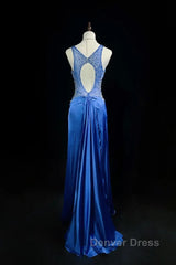 Beautiful Backless Beaded Satin Sheath Royal Blue Long Prom Dresses Formal Evening Gown