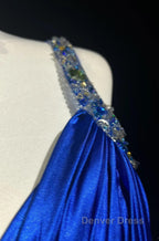 Beautiful Backless Beaded Satin Sheath Royal Blue Long Prom Dresses Formal Evening Gown