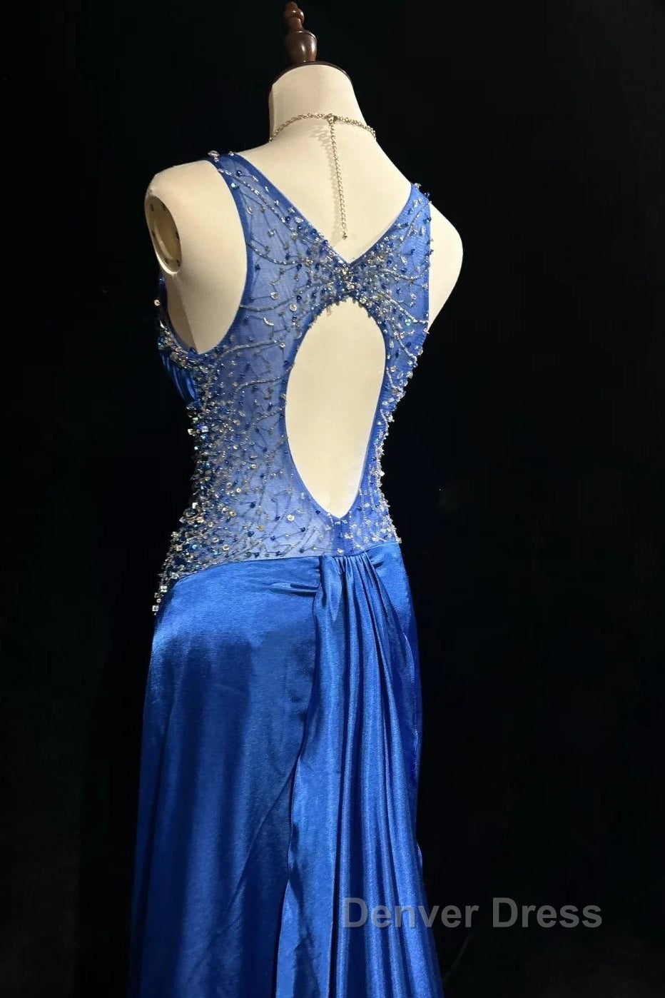 Beautiful Backless Beaded Satin Sheath Royal Blue Long Prom Dresses Formal Evening Gown