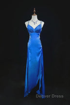 Beautiful Backless Beaded Satin Sheath Royal Blue Long Prom Dresses Formal Evening Gown
