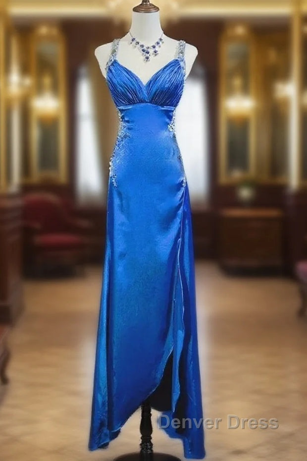 Beautiful Backless Beaded Satin Sheath Royal Blue Long Prom Dresses Formal Evening Gown Main image