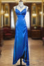 Beautiful Backless Beaded Satin Sheath Royal Blue Long Prom Dresses Formal Evening Gown