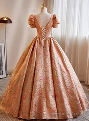 Beautiful Ball Gown Short Sleeves Long Party Dress, Long Sweet 16 Dress