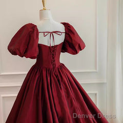 Beautiful Ball Gown Square Neckline Satin Long Red Prom Dress