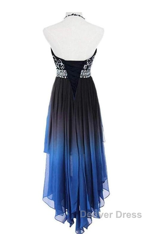 Beautiful Beaded High Low Chiffon Gradient Party Dresses, Blue Homecoming Dresses