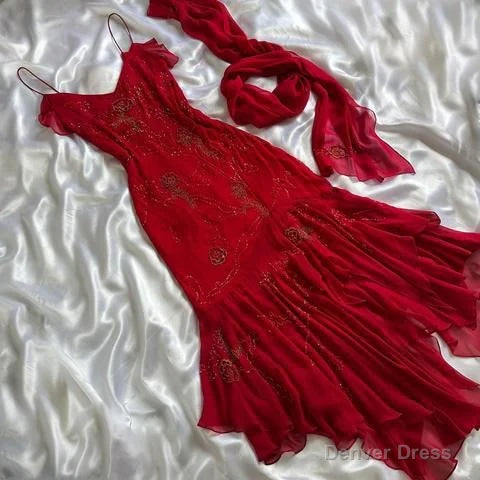 Beautiful Beaded Prom Dress Red Chiffon Mermaid Prom Dresses Prom Gowns