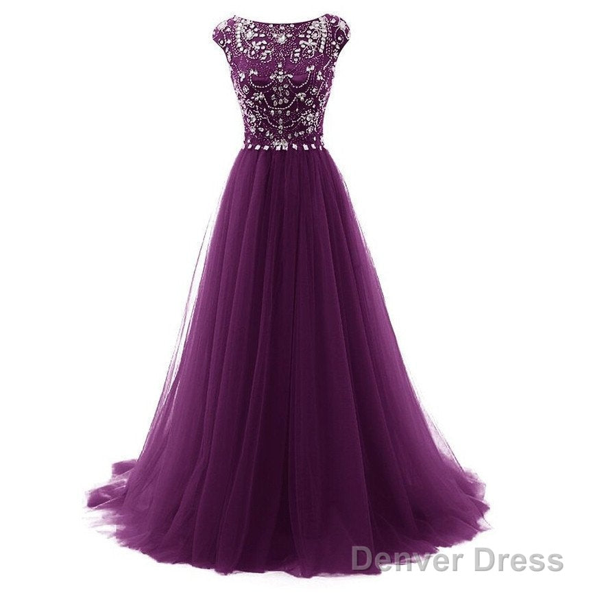 Beautiful Beaded Tulle Long Prom Gowns, Tulle Cap Sleeves Prom Dresses Secondary image