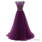 Beautiful Beaded Tulle Long Prom Gowns, Tulle Cap Sleeves Prom Dresses