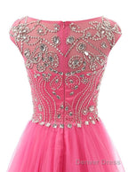 Beautiful Beaded Tulle Long Prom Gowns, Tulle Cap Sleeves Prom Dresses