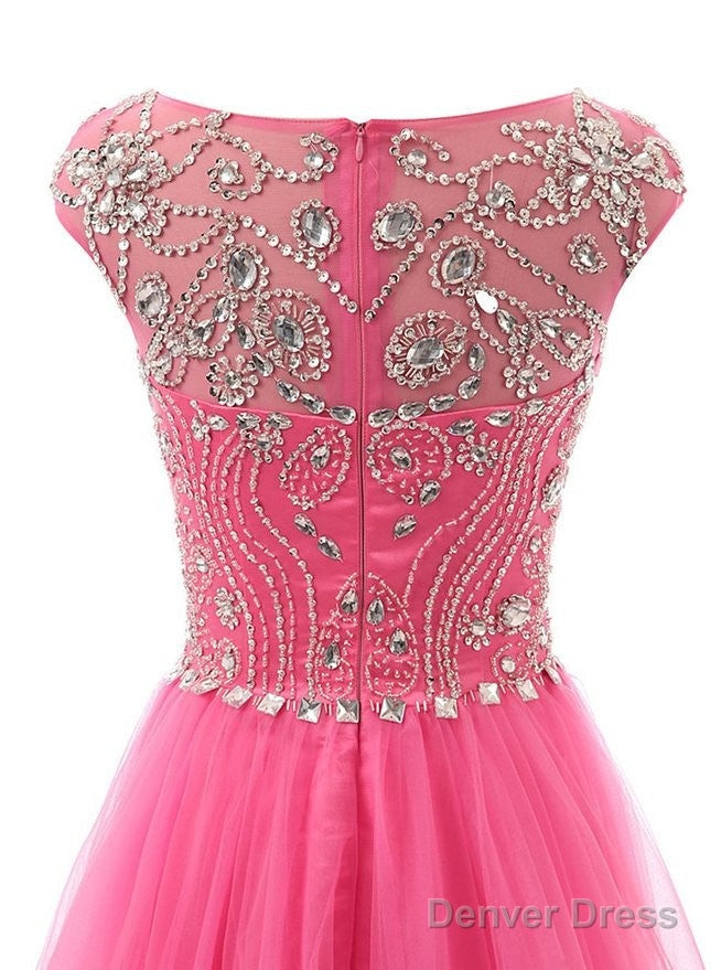 Beautiful Beaded Tulle Long Prom Gowns, Tulle Cap Sleeves Prom Dresses