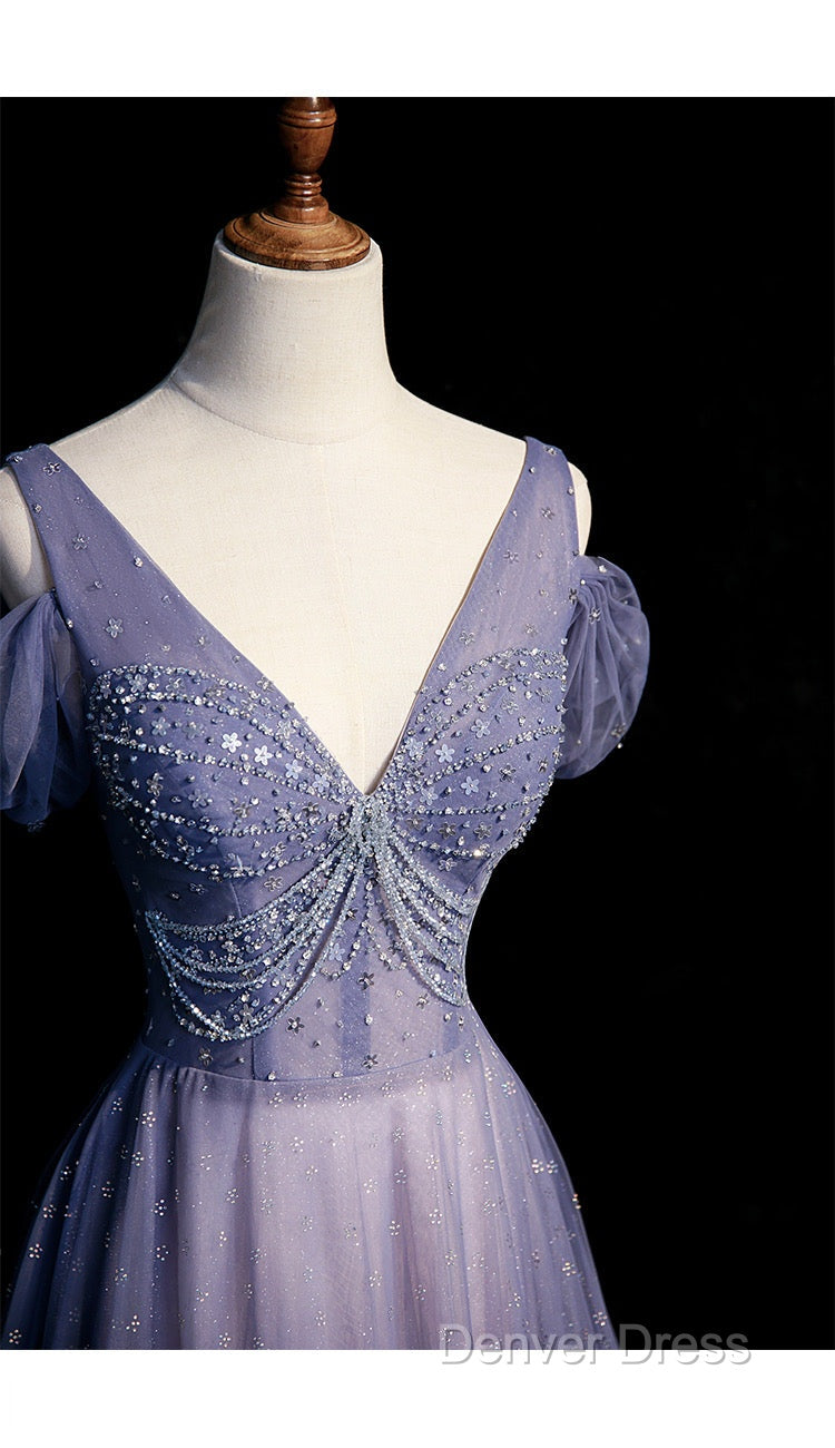 Beautiful Beaded V Neckline Long Floor Length, A Line Prom Gowns Secondary image