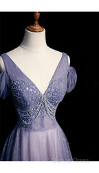 Beautiful Beaded V Neckline Long Floor Length, A Line Prom Gowns