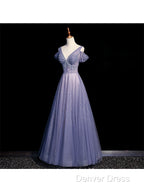 Beautiful Beaded V Neckline Long Floor Length, A Line Prom Gowns