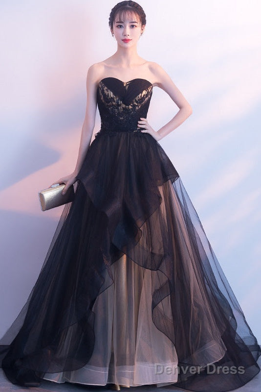 Beautiful Black And Champagne Tulle Sweethart Prom Dresses, Black Gowns Secondary image