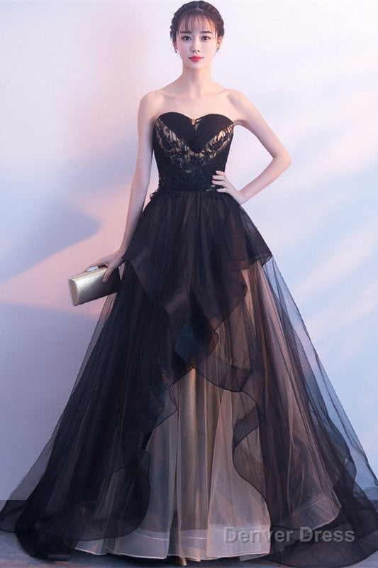 Beautiful Black And Champagne Tulle Sweethart Party Dress, Black Gown Main image