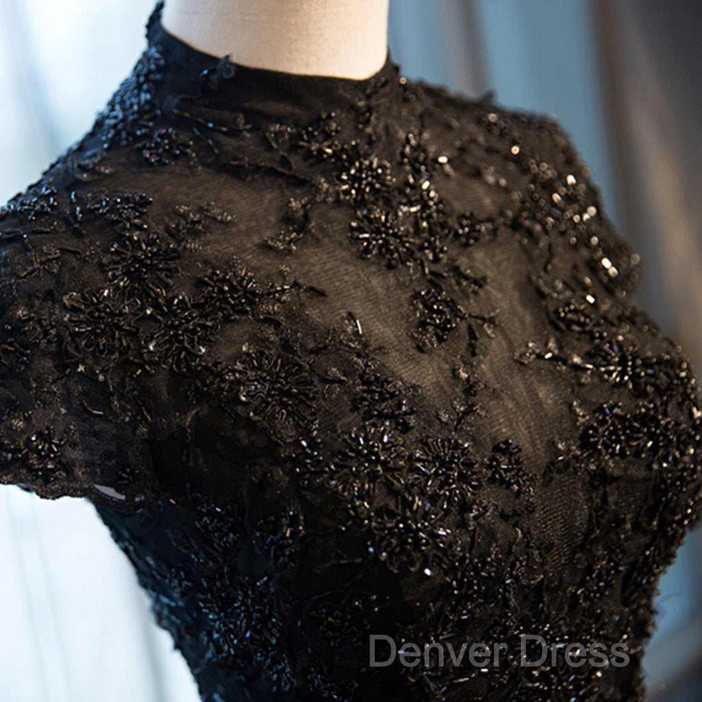 Beautiful Black Cap Sleeves Long Tulle Party Dresses, Black Prom Dresses Secondary image