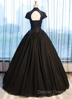 Beautiful Black Cap Sleeves Long Tulle Party Dresses, Black Prom Dresses